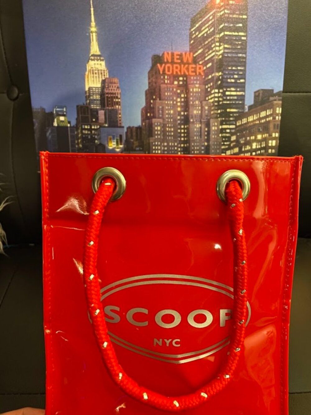 Glossy SCOOP NYC Mini Tote. Bright Red with Silver Logo